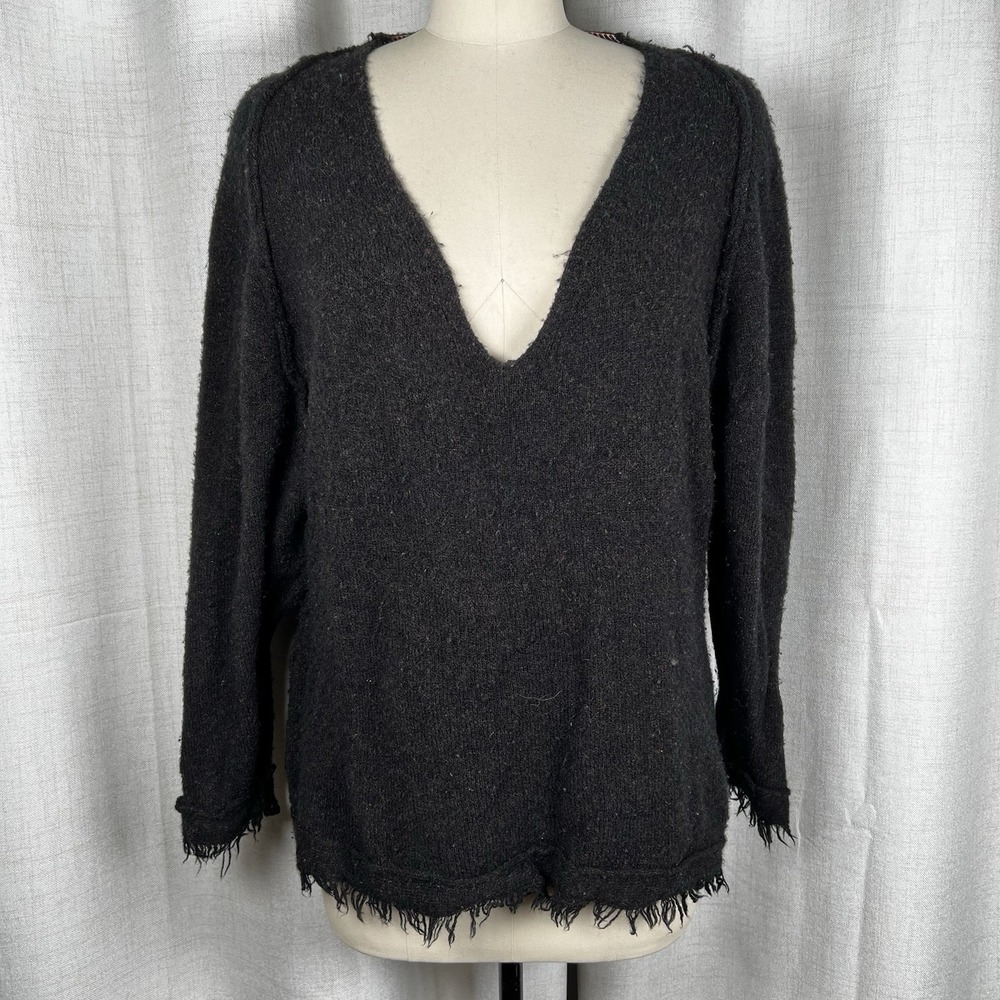 Free People Irresistible Boho Fringe Trim‎ Oversized Wool Blend Sweater Black XS
